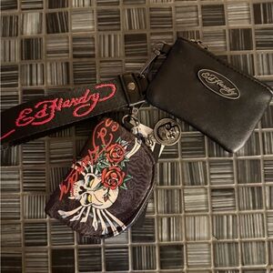 🌹 ED HARDY Two Pouch Skull & Roses Key Chain with Charms and Logo Strap.